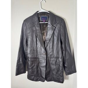 DENIM & CO Womens Medium Brown Leather Blazer Jacket Single Button Lined